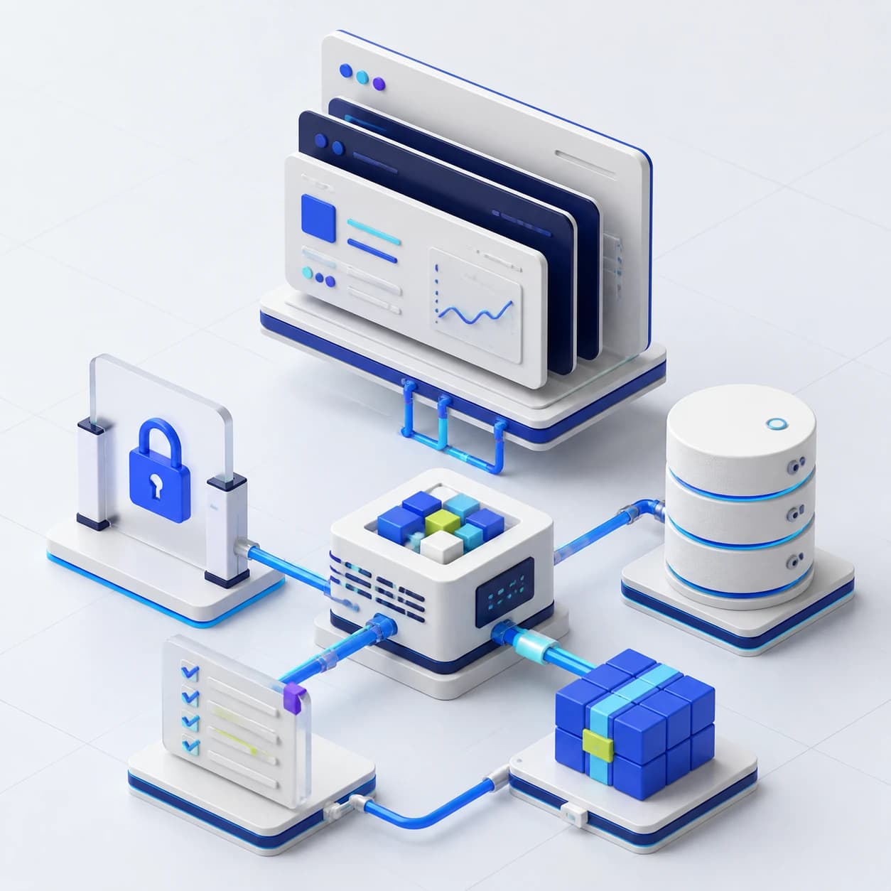Architecture produit web en trois dimensions avec interfaces translucides, services connectés, base de données et portes de validation