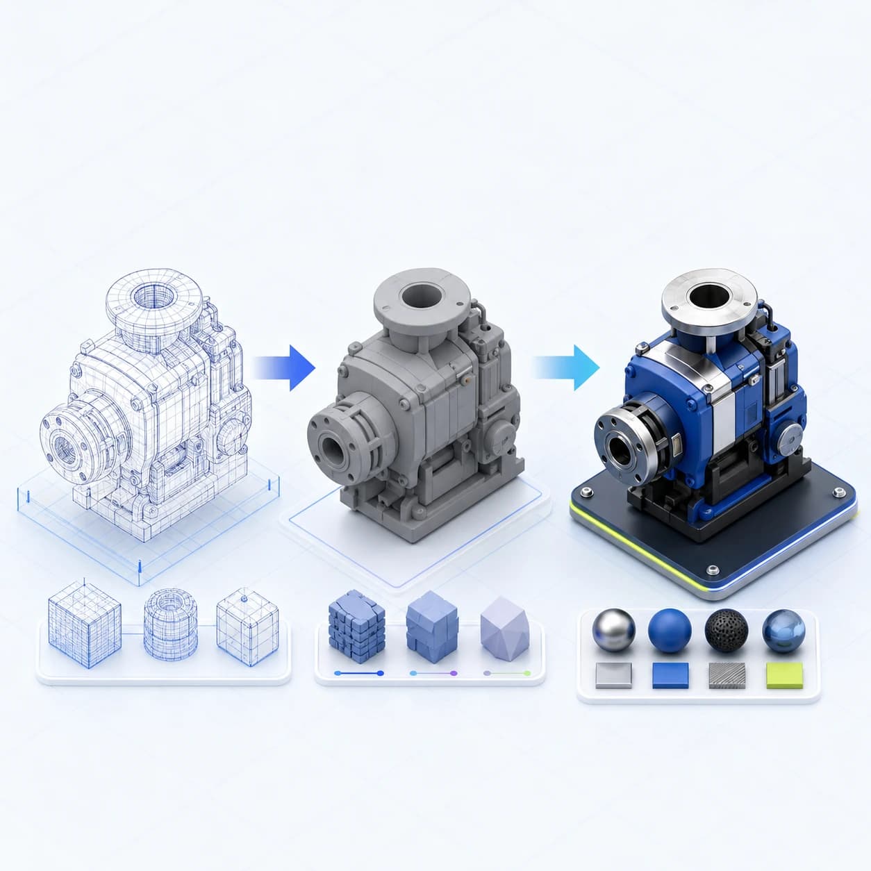 Moteur industriel en trois étapes, du maillage filaire à l’asset PBR final validé pour un pipeline SimReady