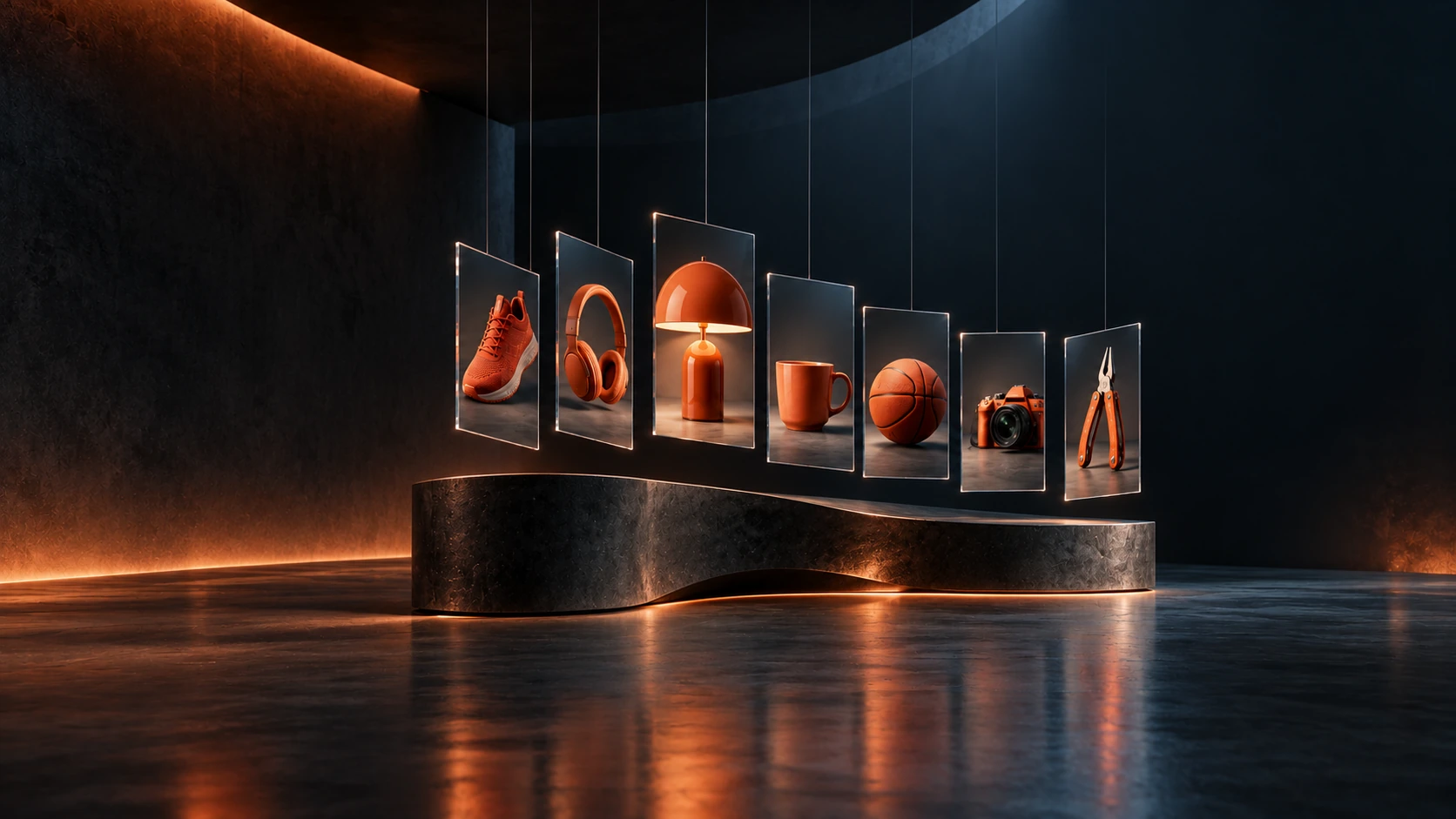Une collection d’objets orange présentée dans une galerie de verre.